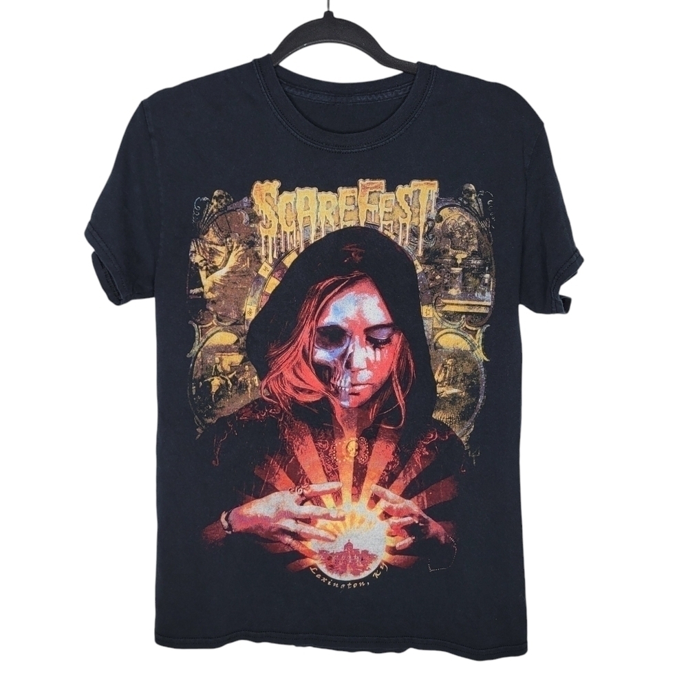 Scarefest Witch Witching Glass Womens Graphic T-Shirt in Black Size S